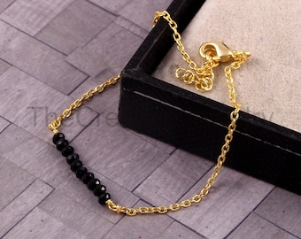 Black Spinel Gold Chain Bracelet, 14K Plated Minimalist Dainty Jewelry