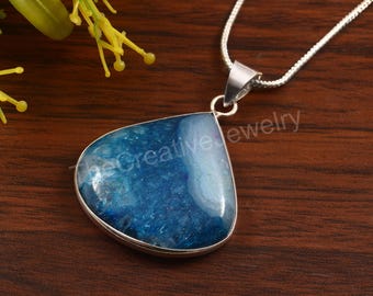 Blue Agate Pendant Necklace, Sterling Silver Gemstone Jewelry, Healing Crystal Necklace, Gift for Her,