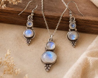 Handmade Sterling Silver Moonstone Necklace Earrings Set – Boho Bridal Jewelry