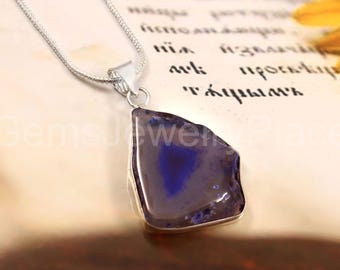 Handgemaakte blauwe agaathanger • Sterling verzilverde ketting • Unieke edelsteensieraden