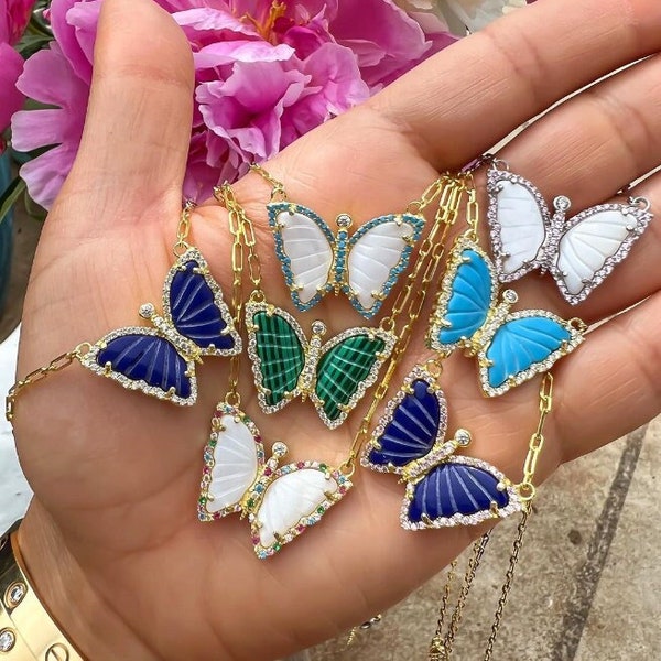 Gold plated malachite butterfly necklace, lapis butterfly necklace, mother of pearls rainbow butterfly necklace, gemstone necklace for woman