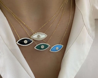 925 sterling silver evil eye necklace with turquoise, malachite, mother of pearl, onix stone gift for her