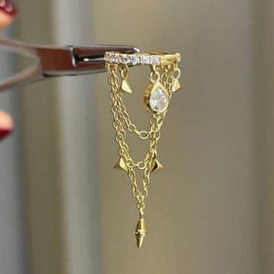 Gold Dangle Piercing, Minimalist Stud CZ Piercing, 925 Sterling Silver, CZ Helix Piercing, Gift for Her