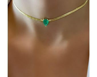 Gold Plated Emerald Color Drop Form Snake Choker Necklace 925 Sterling Silver, Gift for Her