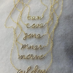 Peut inclure: Colliers dorés avec des noms écrits en cursive. Chaque collier présente un nom différent : Can, Ceva, Sena, Pinar, Merive et Gulden. De petits accents scintillants sont incorporés dans la conception. Les colliers sont présentés sur un fond doux et neutre.