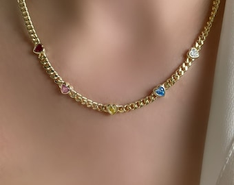 Colorful heart necklace cuban necklace minimalist necklace 925 sterling, Red heart curb necklace, Pink Heart Curb Necklace, Daint Necklace