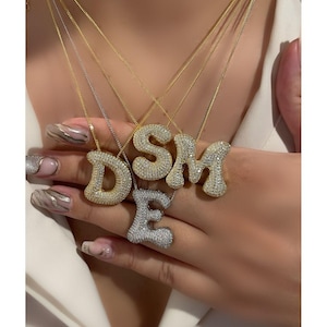 Colar feminino com letras jumbo Bubble 925k, colar com iniciais banhado a ouro 14k, pingente grande com inicial de diamante CZ, colar com letras grandes e grossas