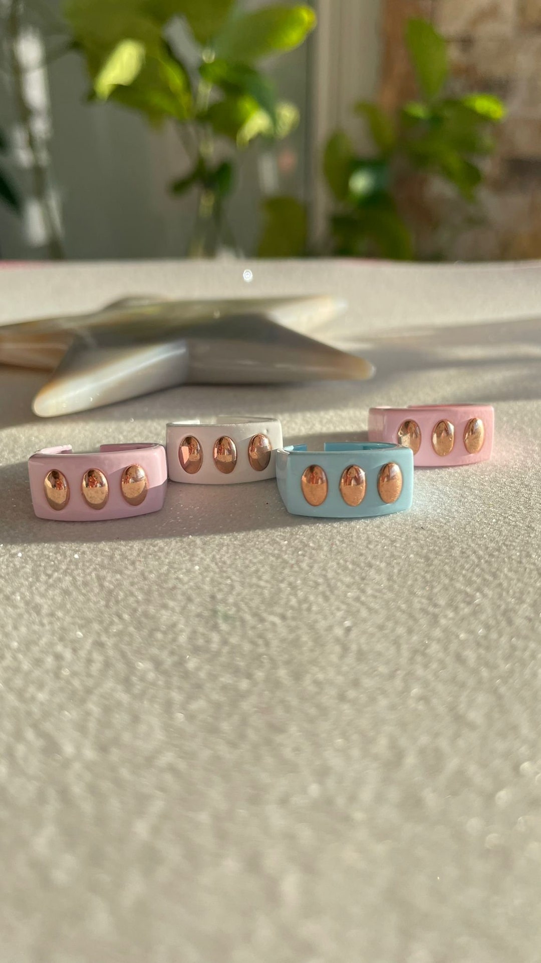 White, Lilac, Pink, Blue Three Point Ring, Rose Gold Plated Ring ...