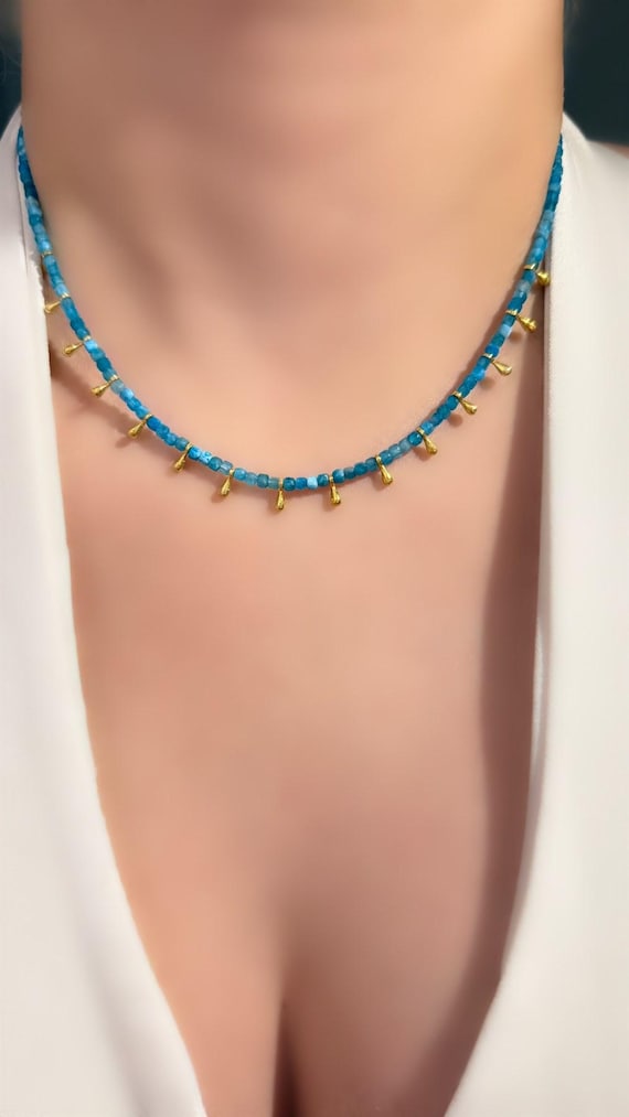 Apatite Natural Stone Necklace, Dainty Apatite Necklace, Blue Stone Necklace, 925 Sterling Silver, Gold Plated Necklace, Gift for Her