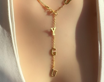 Lariat Initial Necklace, Custom Drop Name Necklace, Gold Name Y Necklace, Personalized Gift for Her, Bridesmaid Jewelry, Christmas Gift