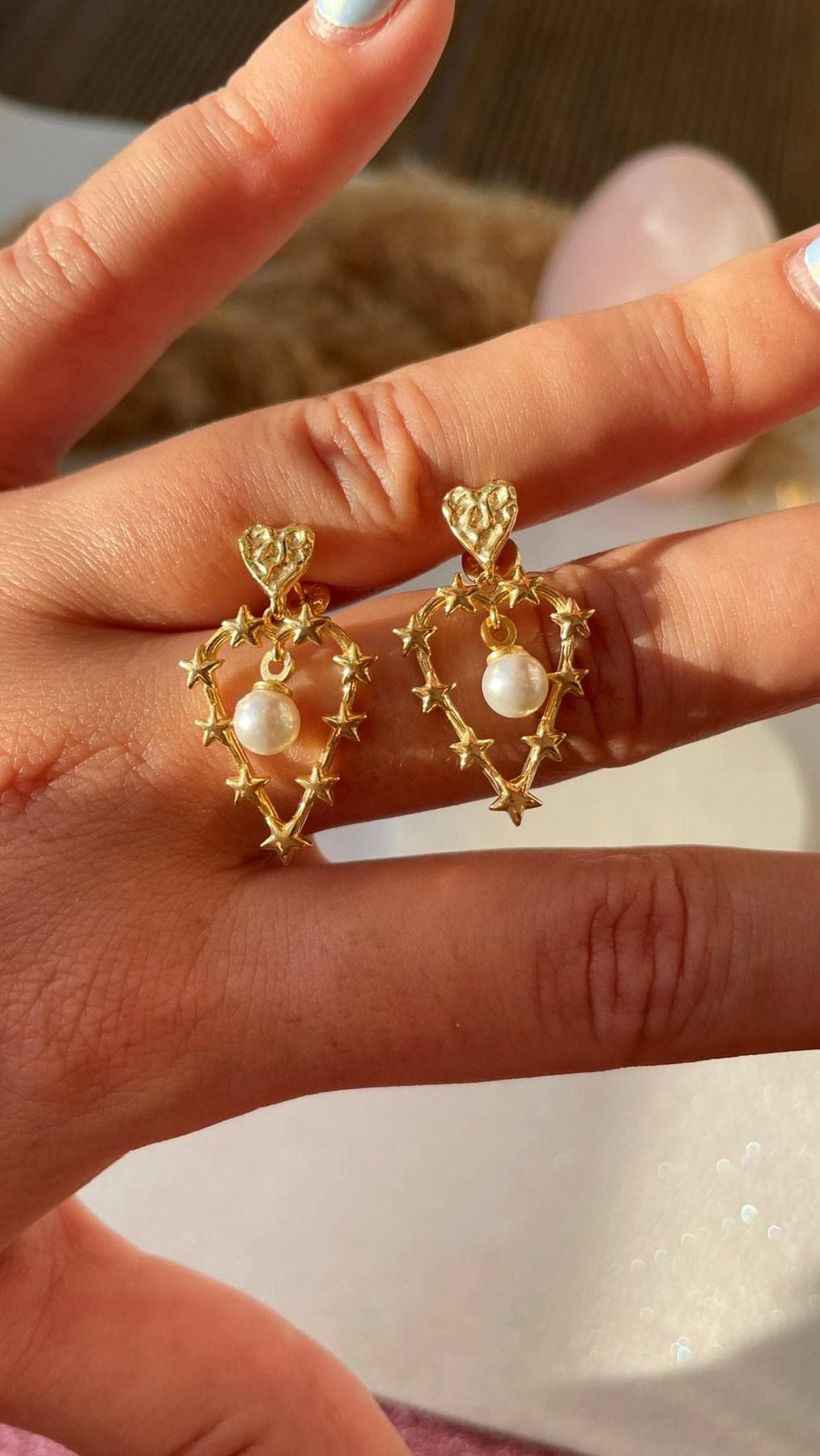 Pearl Detailed Heart Star Earrings, Heart Earrings, Star