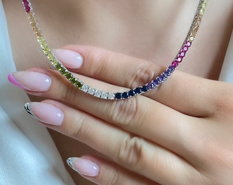 3mm Rainbow Tennis Necklace, Colorful Diamond Tennis Necklace, Multicolor Tennis Necklace, Halo Diamond Tennis Necklace, Bridal Jewelry Gift