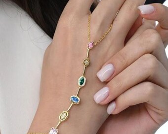 Cadena de mano multicolor chapada en oro de 14k, pulsera delicada con anillo de cristal, pulsera de dedo, plata de ley 925, regalo para ella