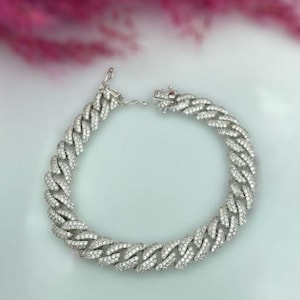 CZパヴェ厚手カーブチェーンブレスレット、CZキューバンチェーン華奢ブレスレット、リンクチェーンブレスレット、925スターリングシルバーミニマリストブレスレット、彼女へのギフト