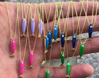 Pisces Zodiac Necklace – Colorful Enamel Fish Charm – Neon Pink, Blue, Green & Navy Lucky Fish Pendant – Summer Jewelry – Astrology Gift