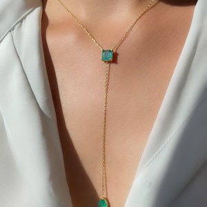 Colombian Emerald Necklace, Paraiba Stone Lariat Necklace, Gold Plated Y Necklace, Silver Long Layering Pendant, Minimalist Chain Necklace