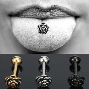 Rose Tongue Stud, Stud Piercing, Flower Tongue Ring, Cool Tongue Stud, Tongue Barbell, Tongue Barbell, Body Piercing, Tongue Jewelry.