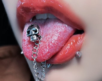 Skull Chain Tongue Stud, Stud Piercing, Tongue Ring, Cool Tongue Stud, Gothic Punk Style Tongue Barbell, Body Piercing, Tongue Jewelry.
