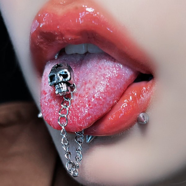 Skull Chain Tongue Stud, Stud Piercing, Tongue Ring, Cool Tongue Stud, Gothic Punk Style Tongue Barbell, Body Piercing, Tongue Jewelry.