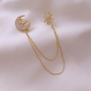 Broche de cadena de estrella y luna, clip de cuello de cadena de borla de pedrería, pasador punk gótico, broche de bufanda de vestido de abrigo, pasador de solapa de broche de cuello de traje, joyería imagen 3