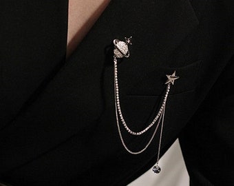 Planet Chain Collar Clip, Rhinestone Tassel Chain Brooch, Goth Punk Pin, Coat Dress Scarf Brooch, Suit Collar Brooch Lapel Pin,Stage Jewelry