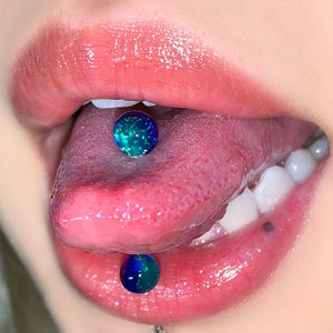 Acrylic Sequins Tongue Stud, Stud Piercing, Tongue Ring, Peacock Blue Tongue Stud, Tongue Barbell, Body Piercing, Tongue Piercing Jewelry.