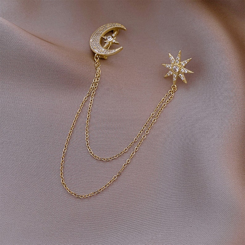 Broche de cadena de estrella y luna, clip de cuello de cadena de borla de pedrería, pasador punk gótico, broche de bufanda de vestido de abrigo, pasador de solapa de broche de cuello de traje, joyería imagen 4