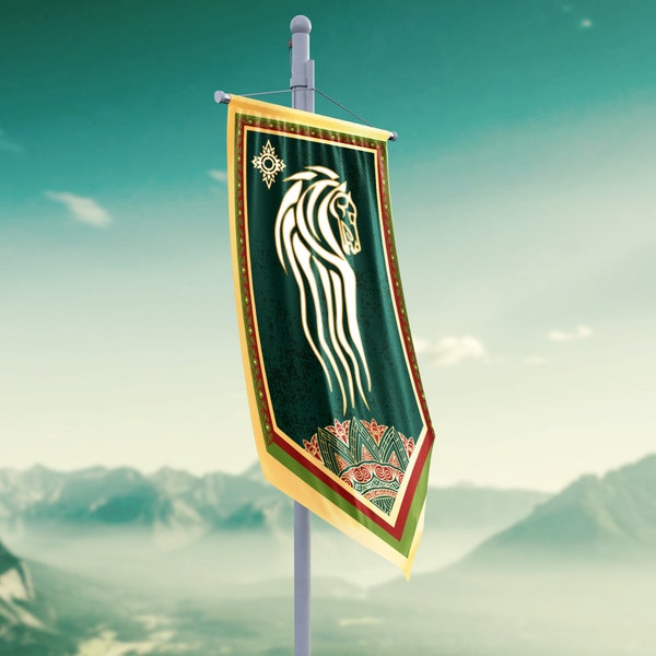 Bandera de Rohan del Señor de los Anillos, Arnor, Arthedain, Erebor, Ereinion Gıl-Galad, Gondor, Isengard, Khazad-dum, Mordor, Moria, Rivendell, Rohan, Sauron, Smaug