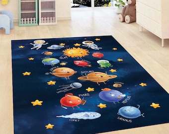 Planetenteppich für Kinderzimmer, Sonnensystem, Sonnenteppich, Wissenschaftsteppich, Lernteppich Astronaut Kinderzimmerteppich, Weltraumteppich, Galaxie-Sternteppich