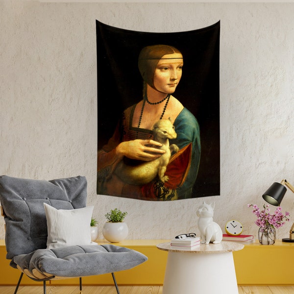 Leonardo da Vinci Wall Tapestry Lady with an Ermine, Wall Hanging,Painting Tapestry,Wall Art Design,Wallpaper,WallCarpet,HomeDecor,Wall Hang