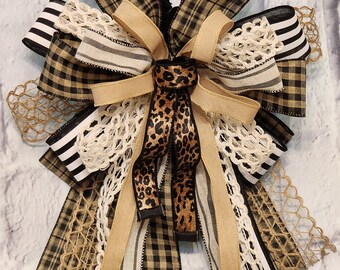 Buffalo Plaid Wreath Bow, Leopard Accent, Neutral Tones