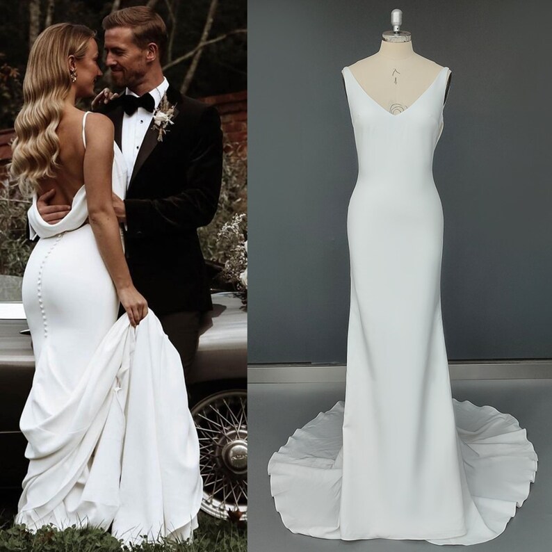 Satin Sheath Wedding Dress Long Train Backless Buttons V Neck - Etsy