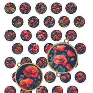 25 mm coquelicots 1 Images digitales pour cabochon, bijoux, badge, collage digital, planche d'image, illustration pour cabochon
