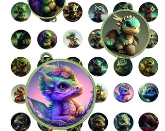 25 mm Dinosaure 1 Images digitales pour cabochon, bijoux, badge, collage digital, planche d'image, illustration pour cabochon, scrapbooking