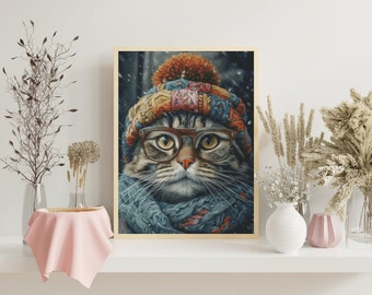 Prêt pour l'hiver Modèle de point de croix compté, œuvre d'art originale, cadeau pour amoureux des chats, travaux d'aiguille, artisanat de broderie, bricolage couleur DMC PDF Télécharger