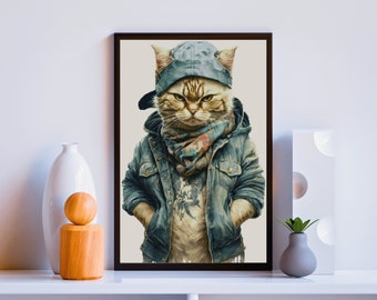 Hipster chat compté motif de point de croix, meilleur modèle PDF de broderie, numérique moderne téléchargement instantané animaux cadeau drôle, décor d'art mural