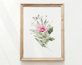 Rosa Pfingstrose mit Schmetterling Frühlingsstrauß, Pastell Aquarell Malerei druckbare Kunst, Bauernhaus Wandkunst, Rosa Blumen Wandposter 8.5x11