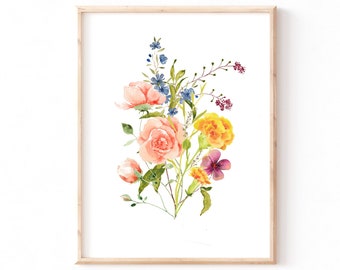 Watercolor Flower Bouquet Art Print, Colorful Vibrant Floral Wall Art Decor, Instant Download, Watercolor Flowers Poster, Printable Art