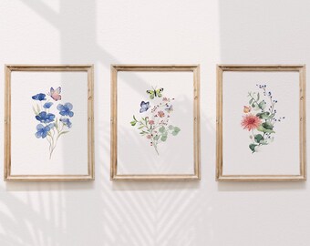 Wildblumen mit Schmetterlingen Aquarell Druck 3er-Set, digitaler Download, druckbare Blumen Wandkunst, Botanik Galerie Wandset mit drei Drucken