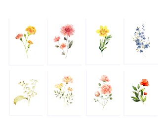 Botanical gallery wall art set of 8 prints, 5x7 flower painting set, Birth month flower art set, Original set of eight floral wall hangings