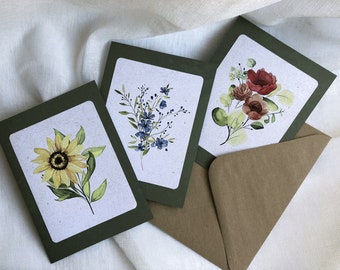 Kartenset 3 Designs, Original Aquarell Karten, Sonnenblume Mohn Rittersporn Geburtstagskarten, Botanisches Vintage Kunstset