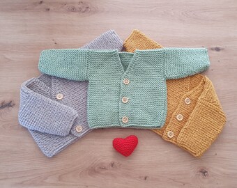 Handmade knitted baby cardigan 0-3 months - Green, Grey or Mustard Yellow