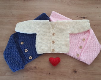 Handmade knitted baby cardigan 0-3 months - Blue, Pink, Cream