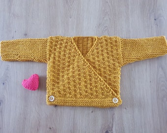 Handmade hand knitted baby cardigan 0-3 months - gold yellow mustard for boy or girl (unisex) Kimono style cross