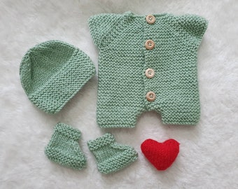 Handmade Knitted Preemie/ Premature Baby Giftset - Romper, booties and hat - Green