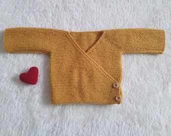 Handmade knitted baby cardigan 0-3 months - yellow mustard Kimono style cross - Born in 2022 option