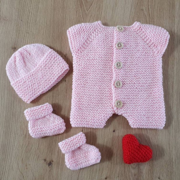 Handmade Knitted Preemie/ Premature Baby Giftset - Romper, booties and hat - Pink