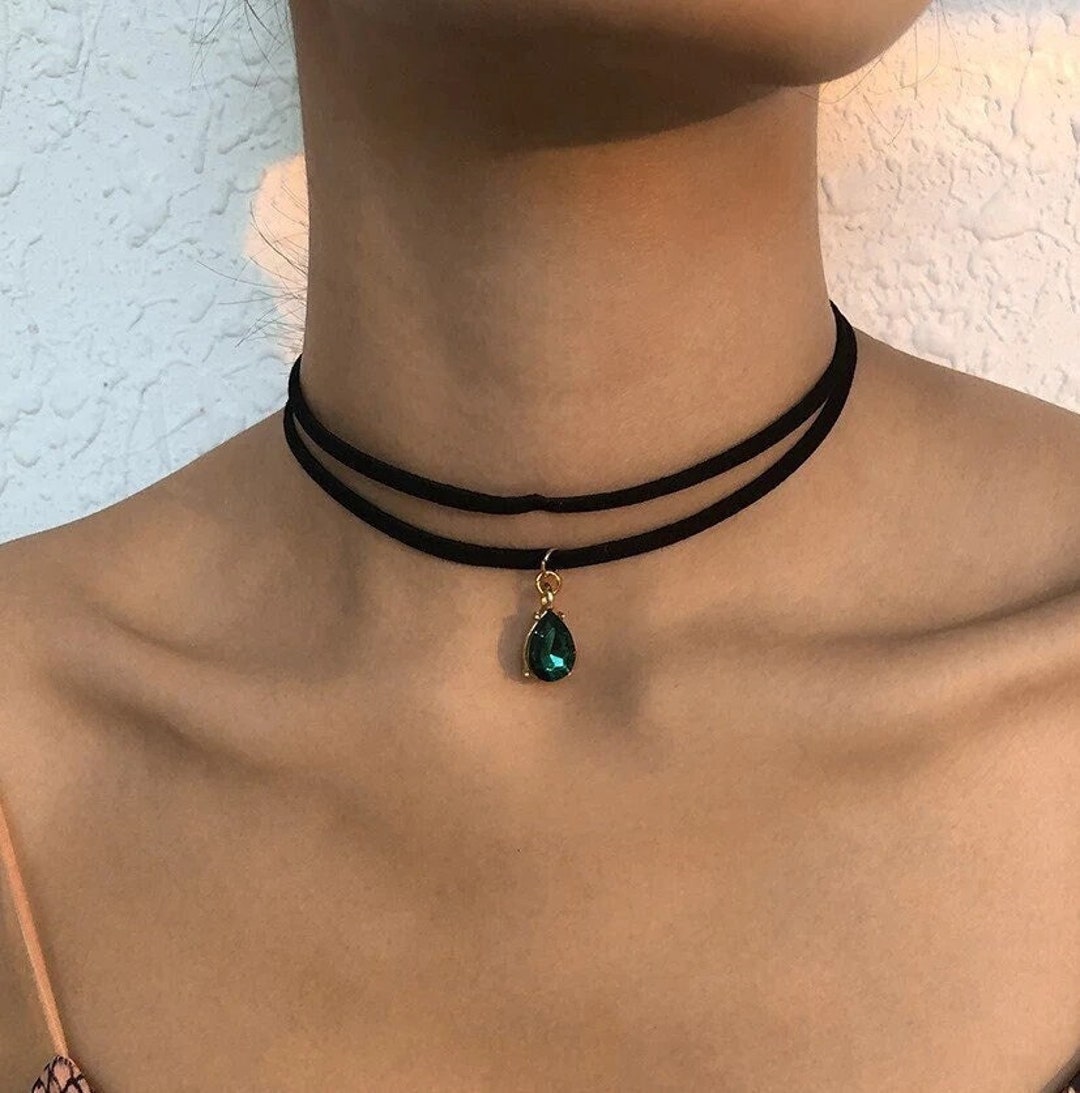 Double Layered Black Choker With Crystal Charm Layered Choker Etsy