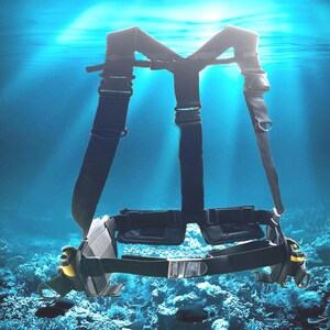 Puede incluir: Un arnés de buceo negro con correas y hebillas ajustables. El arnés está diseñado para sujetar el equipo de buceo.
