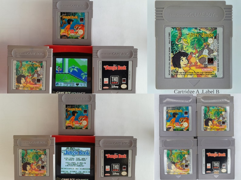May include: A collection of eight vintage Game Boy cartridges featuring the Disney movie The Jungle Book. The cartridges are in gray plastic cases with colorful labels. The labels feature images of Mowgli, Baloo, and Shere Khan from the movie.